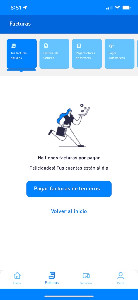 Mi ETB - Dieser Bereich bietet schnellen Zugriff auf digitale Rechnungen und Zahlungsoptionen, wobei eine freundliche Illustration bestätigt, dass keine Rechnungen fällig sind, und direkte Handlungsaufforderungen präsentiert werden.