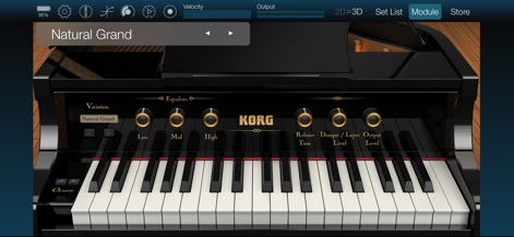 KORG Module - Diese Ansicht präsentiert die detailreiche Klanganpassung eines Flügelsounds, bei der Nutzer über spezifische Regler für Equalizer und Output Level das Klangbild präzise formen können.