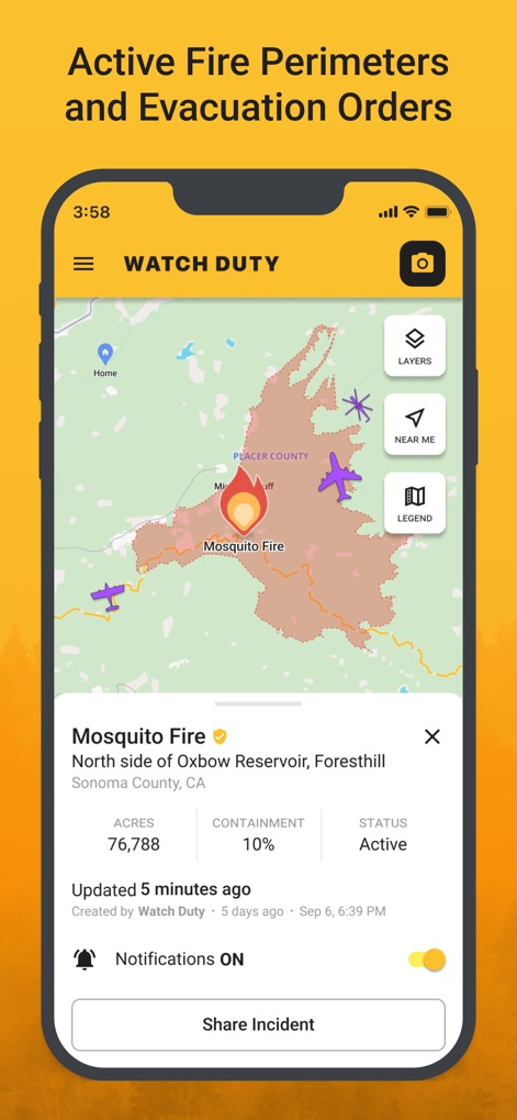 Watch Duty: Wildfire Maps - 本ツールは、拡大する火災の活動中の延焼範囲を色分けされた表示で示し、その下には延焼面積や封じ込め率などの詳細な火災統計を提供します。