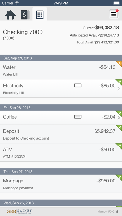Gainey Business Bank Screenshot