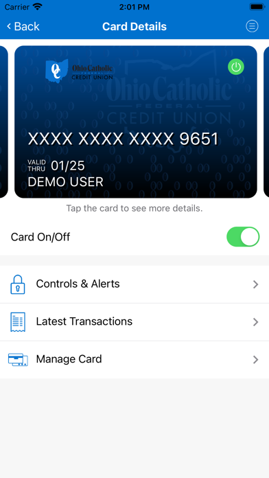 Ohio Catholic FCU Card Control Screenshot