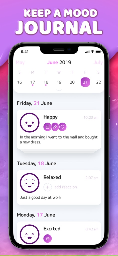 Mood Balance:Self Care Tracker - This tool facilitates comprehensive mood journaling, displaying daily entries within a calendar view and allowing for detailed text descriptions alongside mood icons.