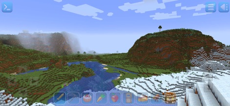 RealmCraft - Block Craft World - Esta escena presenta un hermoso contraste entre un paisaje verde exuberante y una zona cubierta de nieve, atravesado por un río sinuoso, destacando la diversidad de biomas y la fluidez del agua.