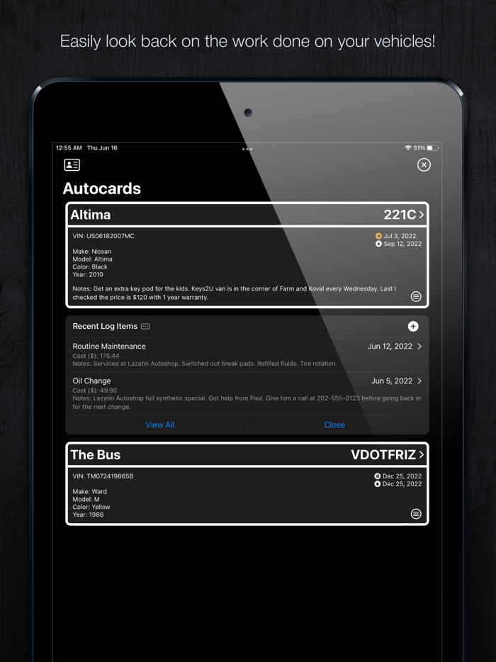 Autocards - Vehicle Log
