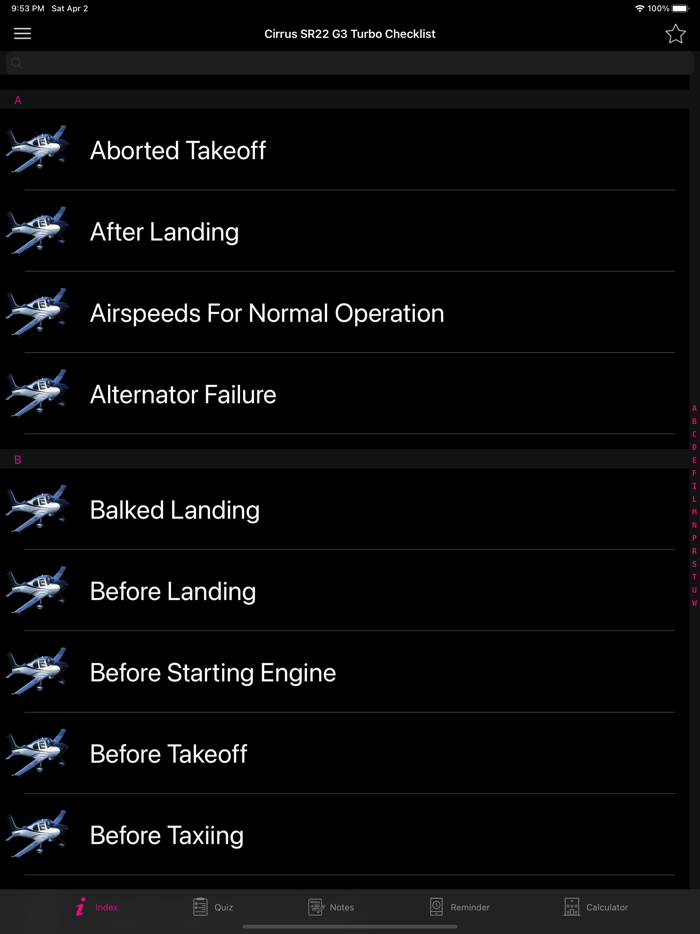 Cirrus SR22 G3 Turbo Checklist