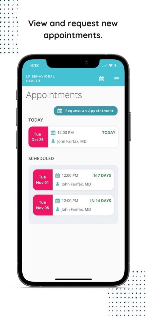 MYIO - The app empowers users to actively manage their care by viewing scheduled appointments with specific dates and quickly initiating new requests through the 'Request an Appointment' button.