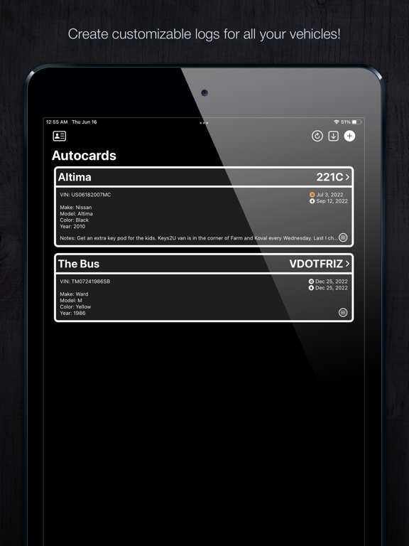 Autocards - Vehicle Log iPad screenshot 1 - Utilities app