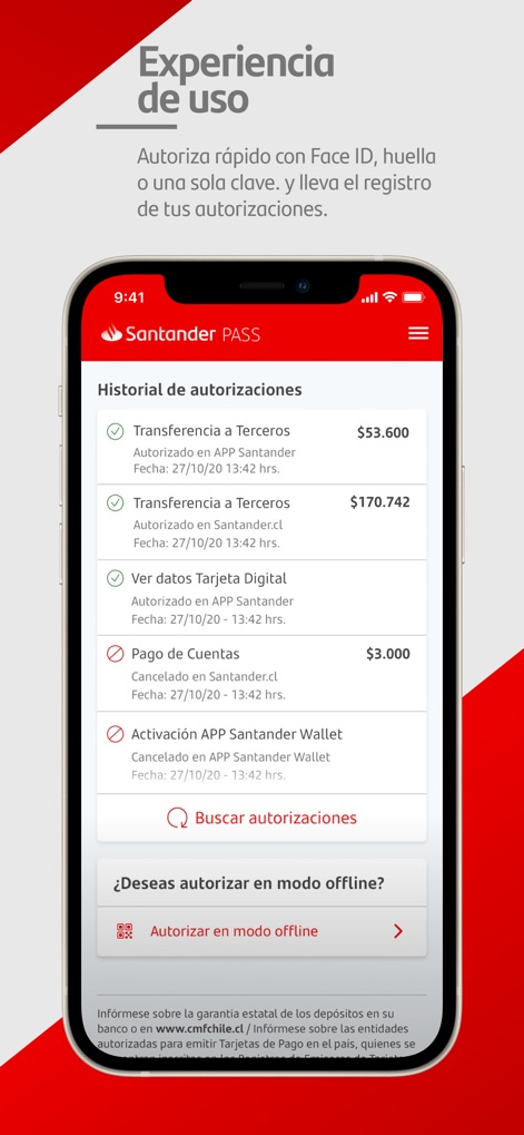 Santander PASS cl - Los usuarios pueden examinar el "Historial de autorizaciones" detallado, que incluye el estado de transferencias y pagos, junto con la funcional opción de "Buscar autorizaciones" para filtrar operaciones.
