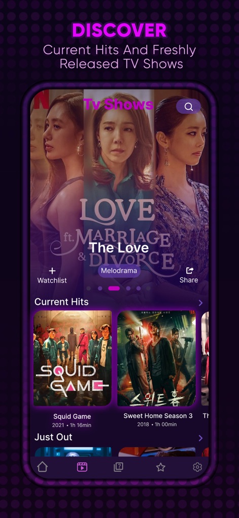 Drama Slay : Kdrama Movie Go - 이 앱은 메인 화면에서 '사랑과 결혼과 이혼' 같은 인기 드라마와 '오징어 게임' 같은 현재 인기작들을 보여주어 사용자가 최신 트렌드를 빠르게 파악할 수 있도록 돕습니다.