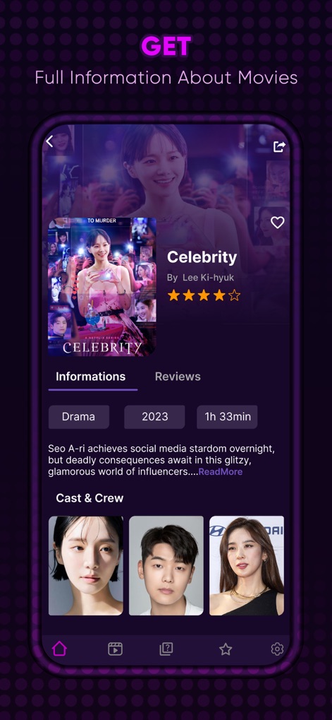 Drama Slay : Kdrama Movie Go - 사용자는 '정보' 탭에서 '셀러브리티' 영화의 장르, 개봉 연도, 러닝 타임과 같은 상세 정보를 확인할 수 있으며, 출연진과 제작진의 얼굴을 담은 캐스팅 목록을 통해 관련 인물을 탐색할 수 있습니다.