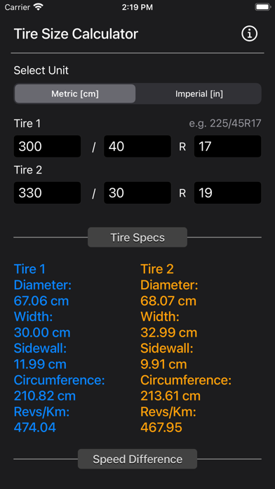 Tire Size Calculator Plus Screenshot