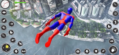 Spider Rope Hero Man Games - La aplicación ilustra la libertad de movimiento a grandes alturas, mostrando al héroe en picada sobre el denso paisaje urbano y un serpenteante río o costa, que define la geografía.