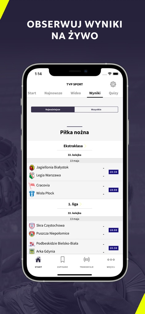 TVP Sport - Track live scores across various sports with the "Wyniki" tab and filter results efficiently using sport-specific categories like "Ekstraklasa".