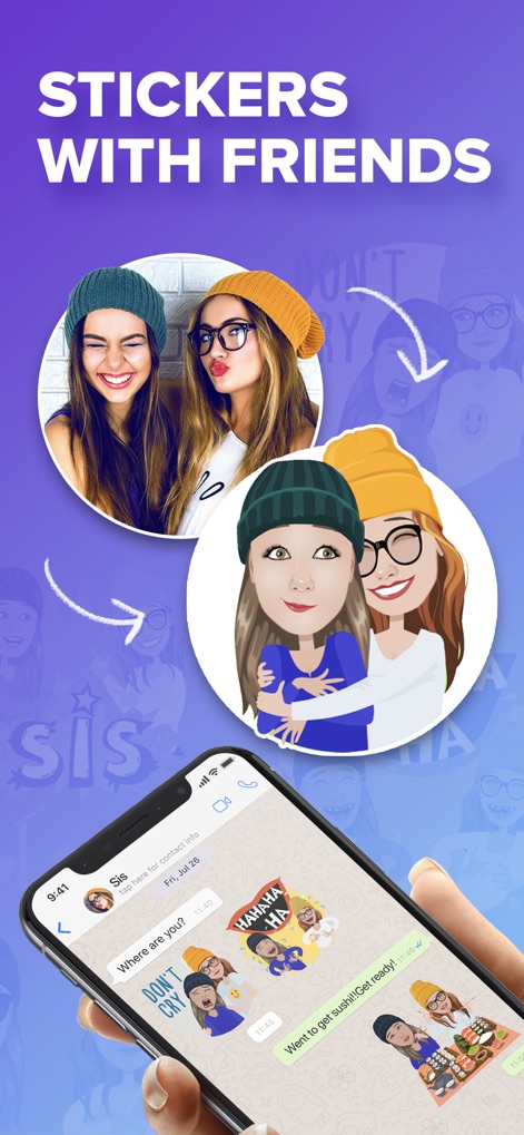 Mirror: Emoji & Avatar Maker - Witness how users can create and share personalized avatars of their friends, integrating multiple character stickers seamlessly into engaging chat conversations.