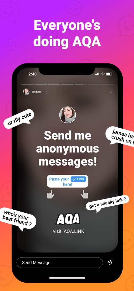 AQA - anonymous q&a - Nutzer können ihren AQA-Link direkt in Instagram-Stories teilen (X), um Freunde dazu einzuladen, anonyme Fragen oder Nachrichten zu senden (Y).