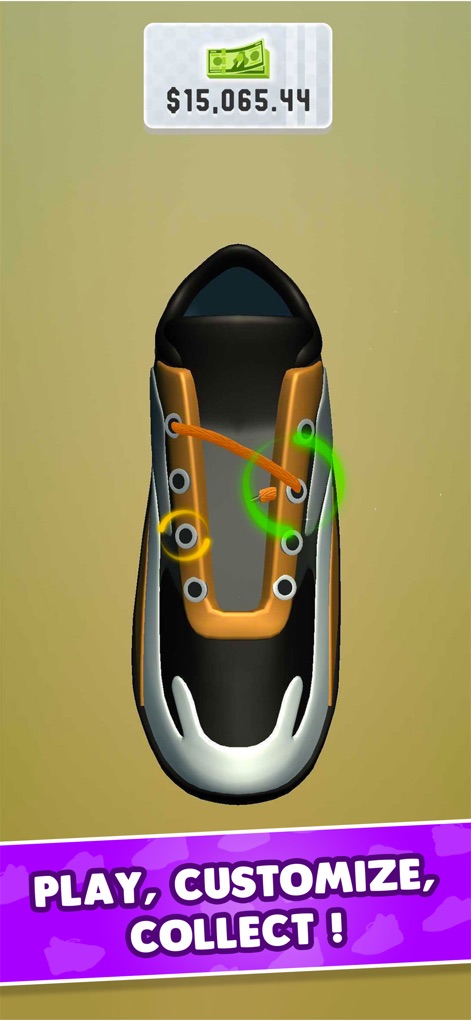 Sneaker Art! Coloring Game - See how the app guides users through the intricate lacing process with interactive glowing markers, all while tracking virtual earnings with the prominent money display.