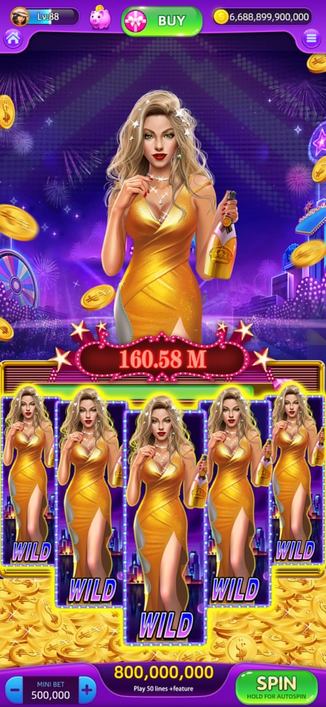 Lucky Spin Slot Machines - Witness the thrill of big wins, showcased by the glamorous character and multiple "WILD" symbols leading to substantial payouts.