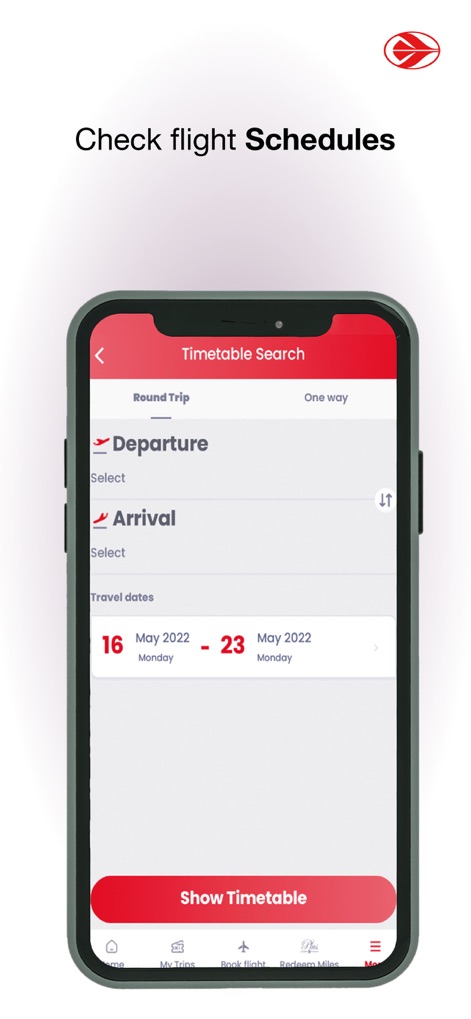 Air Algérie - La función de "Timetable Search" ofrece la posibilidad de buscar horarios por "Departure" y "Arrival" e introducir "Travel dates" específicas para la consulta.