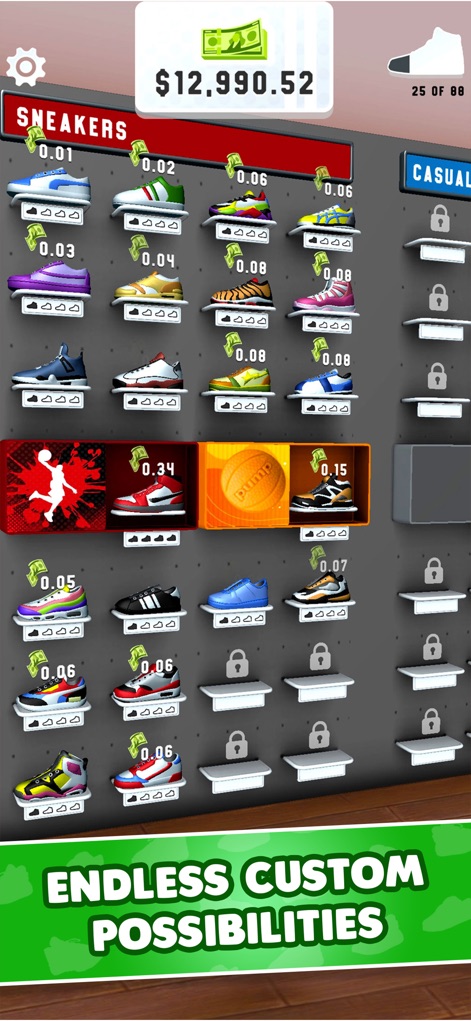 Sneaker Art! Coloring Game - Discover the extensive collection interface, where users can browse their diverse sneaker creations in a grid layout and unlock new design possibilities through visible locked slots.