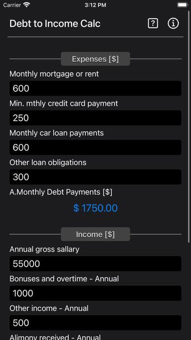 Debt 2 Income Calculator Screenshot