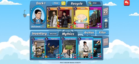 Animation Throwdown: CCG - Los usuarios navegan por la sección "Deck 1" para construir estratégicamente su mazo, organizando cartas de personajes como Krieg y Lana, o explorando el amplio "Inventory" que incluye opciones como el Flight Suit de Archer.