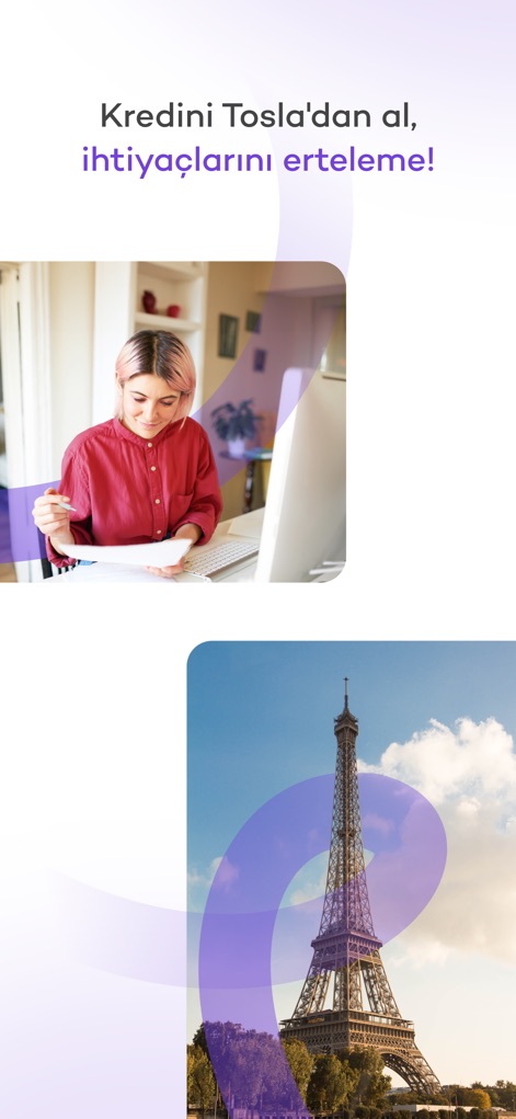 Tosla - Understand how Tosla provides access to loans for users' needs, illustrated by a user at a desk and aspirational travel with the Eiffel Tower.