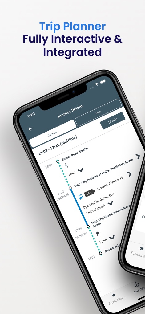 TFI Live - L'application présente un planificateur de trajet détaillé, affichant des étapes précises avec des mises à jour en temps réel et l'intégration fluide des modes de transport comme la marche et le bus.