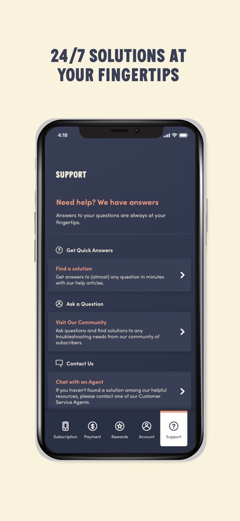Public Mobile - A tela de suporte centraliza as soluções, oferecendo desde "Get Quick Answers" para problemas comuns até a opção de "Chat with an Agent" para assistência personalizada.