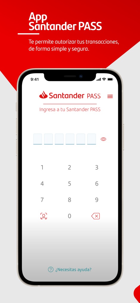 Santander PASS cl - Esta herramienta muestra la interfaz de inicio de sesión con un teclado numérico intuitivo para el PIN y la promesa en el encabezado: "Te permite autorizar tus transacciones, de forma simple y segura."