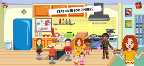 My Town Friends House PJ game - 家族や友人が集まる広々としたキッチンでは、女性が美味しそうなカップケーキを手にしています。また、冷蔵庫やオーブンといった調理器具が完備されており、様々な料理の準備が可能です。