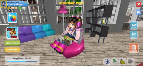 School Party Craft - La aplicación permite a los usuarios decorar espacios con muebles variados, como el sofá multicolor y la estantería que se ven aquí, y disfrutar de la interacción con objetos como el cómodo sillón puf.