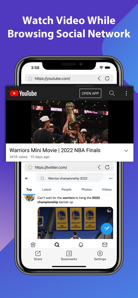 Split Screen - Dual Window - Users can effortlessly watch YouTube video content while simultaneously scrolling through a Twitter feed, enhancing their content consumption and social engagement.
