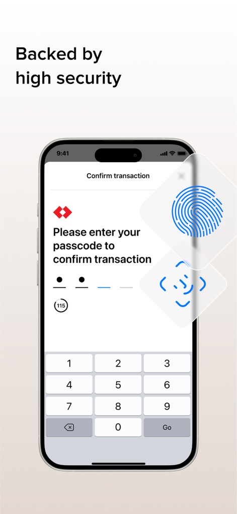 Techcombank Business - La aplicación garantiza transacciones seguras mediante una pantalla de 'Confirm transaction' que integra un teclado numérico y símbolos de identificación biométrica avanzados para autenticación.