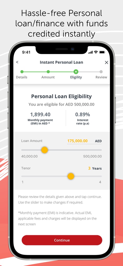 ADCB - Dieses Fenster zeigt die Berechtigung für einen Privatkredit mit einstellbaren Schiebereglern für Kreditbetrag und Laufzeit.