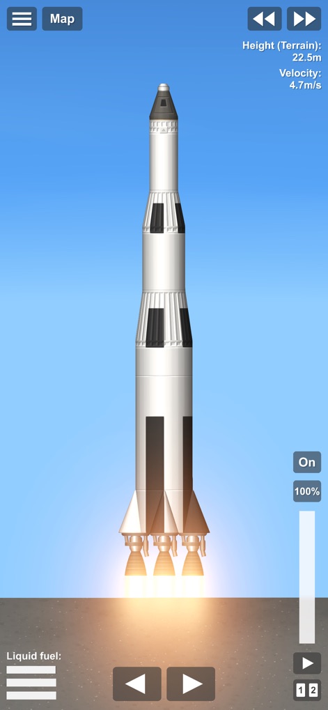 Spaceflight Simulator - Observe the initial launch phase, featuring a powerful rocket ascent and critical flight telemetry like current height and velocity.