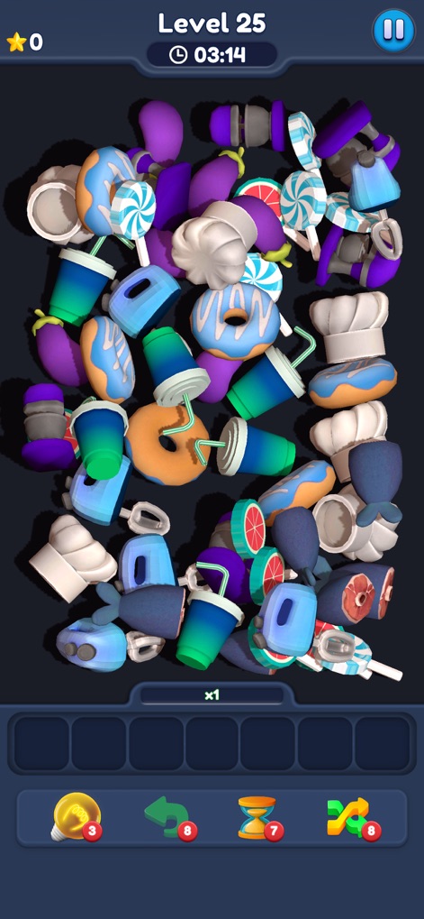 Food Match 3D: Tile Puzzle - The app presents a visually rich assortment of both sweet treats and savory food items, creating a colorful and engaging puzzle environment.