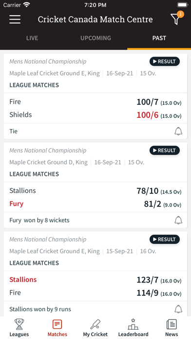 Cricket Canada Match Centre Screenshot