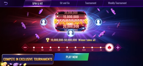 RallyAces Poker - Texas Holdem - Die App bietet diverse Turnierformate, die Nutzer aus der oberen Menüleiste auswählen können, und einen intuitiven Chip-Einsatzregler, um die Teilnahme und das strategische Spiel anzupassen.