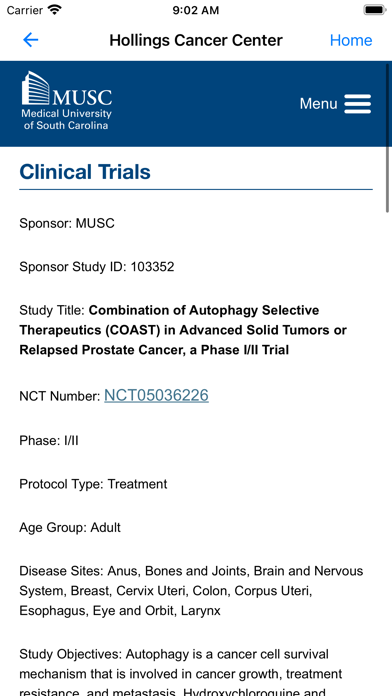Hollings Clinical Trials Screenshot
