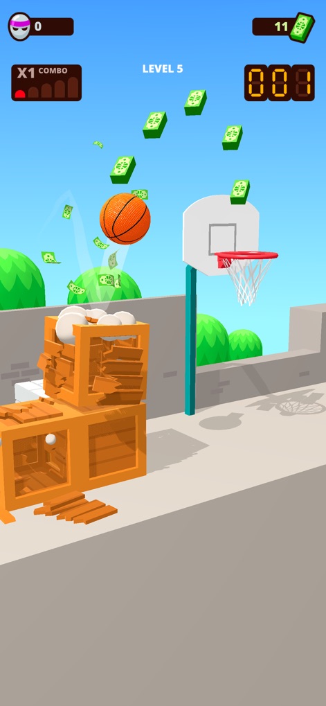 Bounce Dunk - basketball game - Observe how users navigate dynamic obstacle courses, smashing crates and collecting dollar bills to achieve high scores.