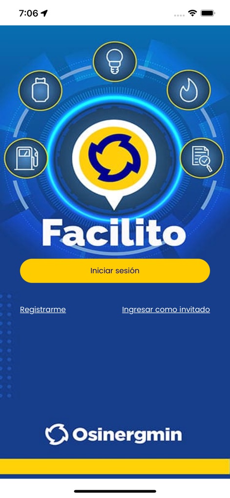 Facilito - The app's vibrant blue and yellow branding welcomes users, offering clear options to 'Iniciar sesión' (Login) or 'Registrarme' (Register).