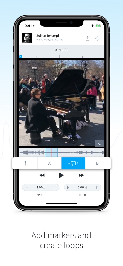 AudioStretch Lite - Users can strategically place markers and define loops within the video and audio timeline, enabling focused repetition of challenging musical passages.