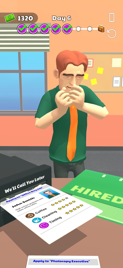 Boss Life 3D: Office Adventure - La aplicación ilustra el proceso de contratación y despido, mostrando un empleado visiblemente afectado y documentos saliendo de una impresora con decisiones laborales.