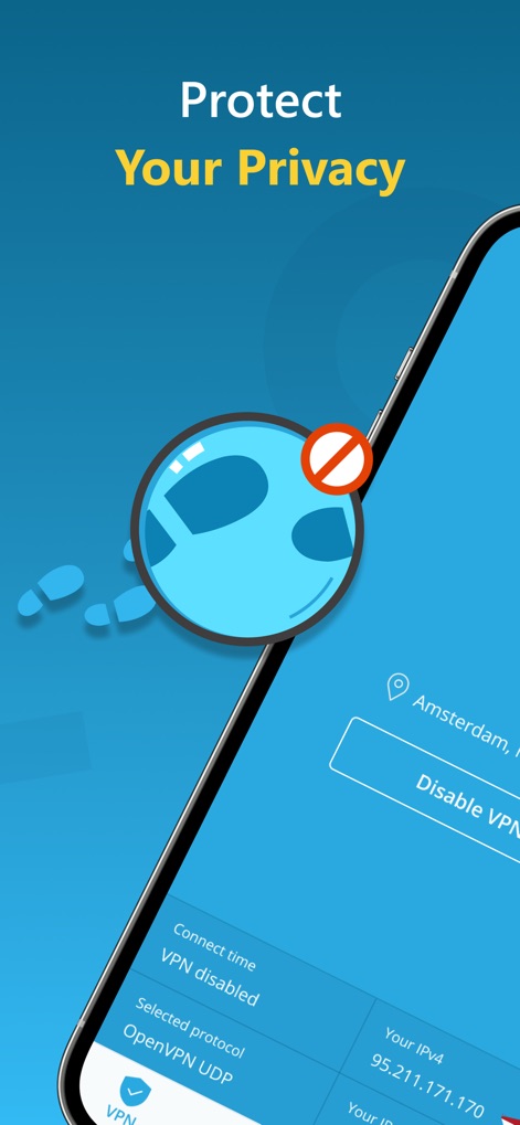 hide.me VPN - This tool clearly displays the VPN connection status with an assigned IP address, alongside a visual cue illustrating digital footprints being hidden for enhanced privacy.