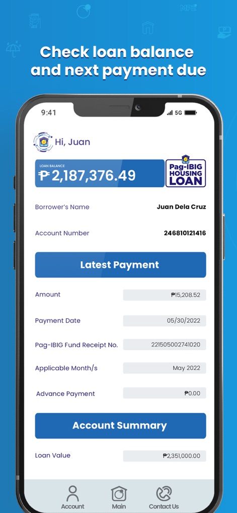 Virtual Pag-IBIG - This interface allows users to monitor their active loans, prominently featuring the current 'Loan Balance' and a dedicated 'Latest Payment' button for quick access to transaction details.