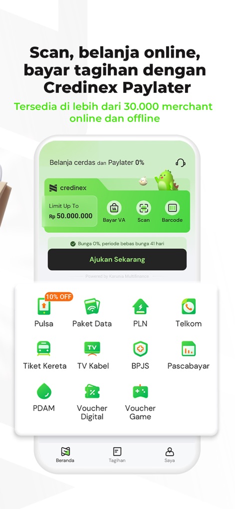 Credinex-Cicilan & Paylater 0% - Questo strumento offre un'ampia accettazione, con disponibilità presso oltre "30.000 merchant online e offline" e funzionalità di pagamento rapido tramite "Scan" e "Barcode" direttamente dall'app.