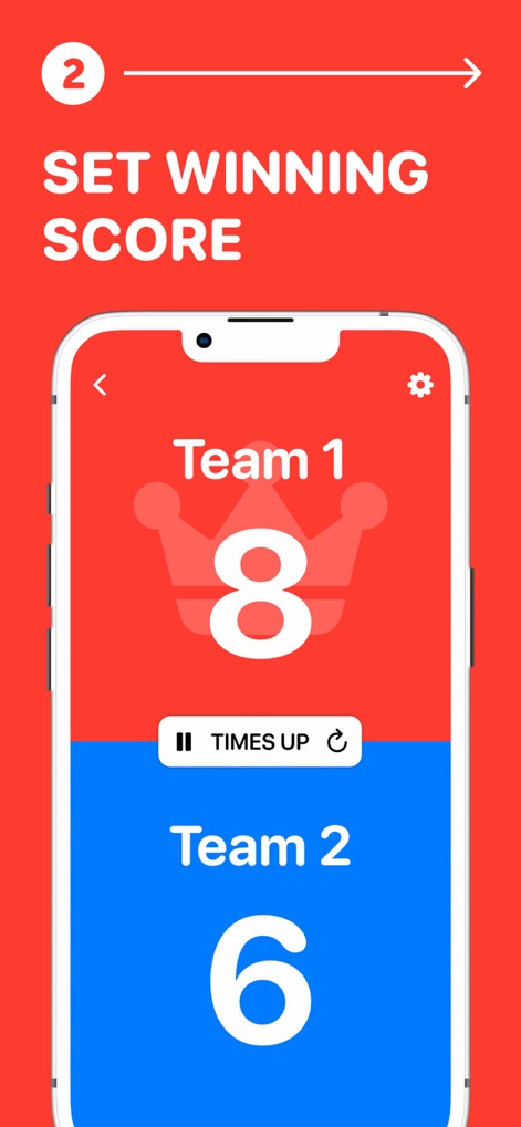 Super Scoreboard - Observe how the app allows users to define winning scores with a visual crown indicator and clearly notifies when "TIMES UP" has been reached for a game.