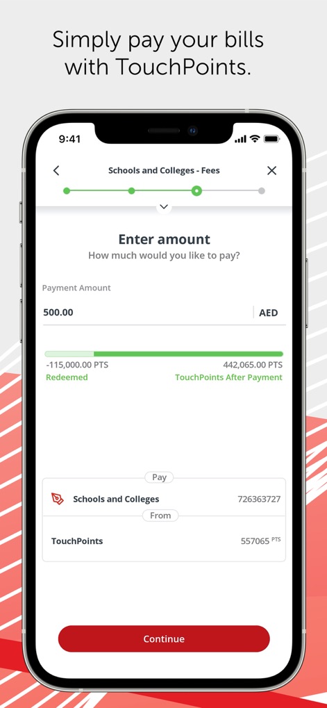 ADCB - Die App ermöglicht Nutzern die schnelle Bezahlung von Rechnungen über 'TouchPoints', erkennbar am Eingabefeld für den Betrag und der Option zur Punkte-Einlösung.