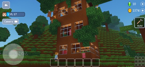 Block Craft 3D: Building Games - This screenshot reveals a multi-story block-built treehouse and the accessible "Build" interface for construction.