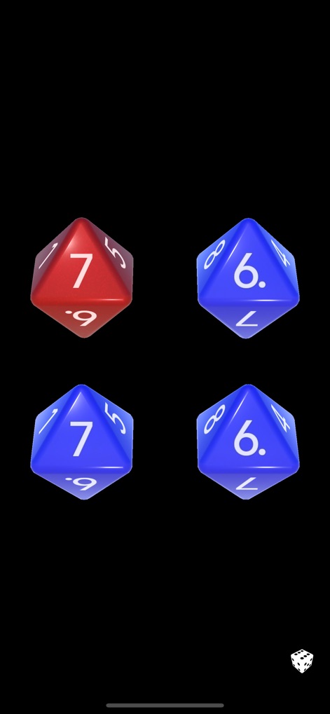 Dice Dice - La aplicación permite visualizar un conjunto de cuatro dados D10, alternando entre brillantes colores rojo y azul, listos para la próxima tirada.